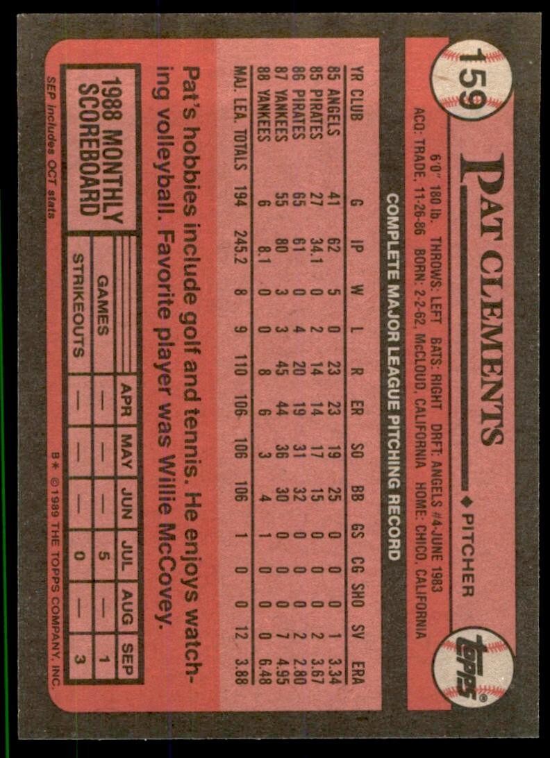 1989 Topps Baseball Card Pat Clements rp New York Yankees #159