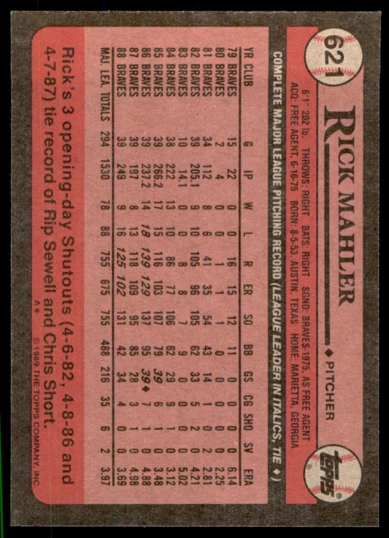 1989 Topps Baseball Card Rick Mahler p Atlanta Braves #621