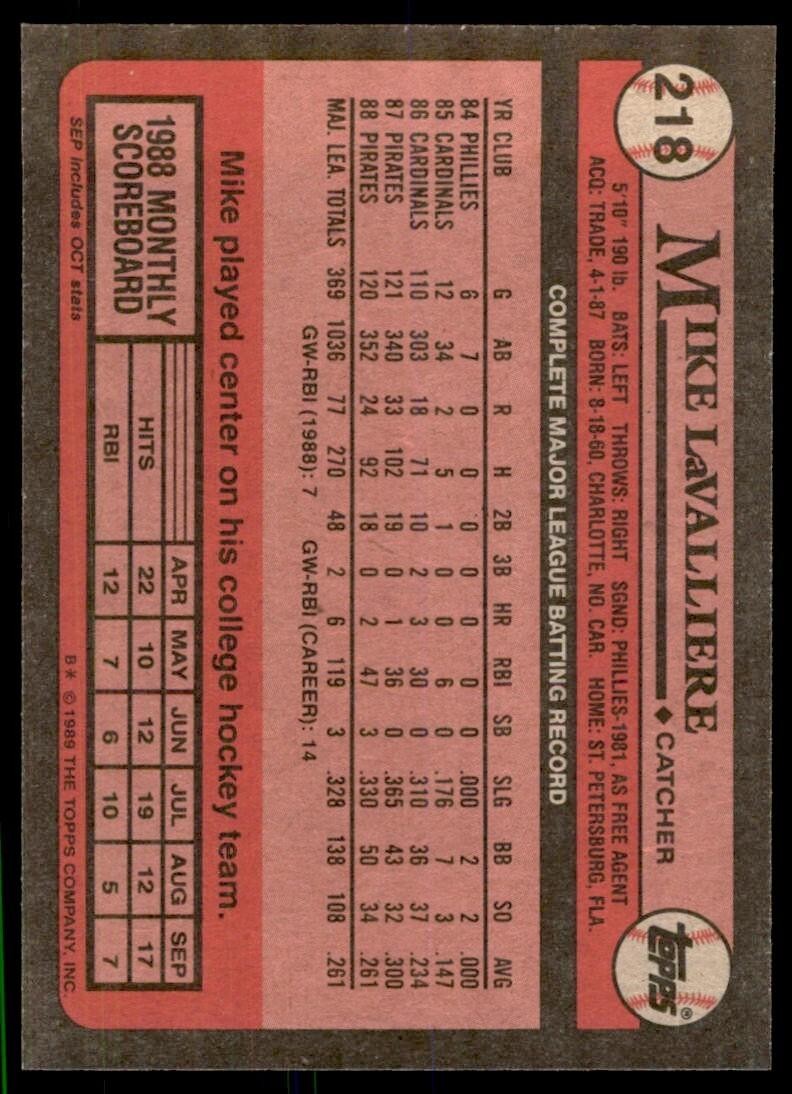 1989 Topps Baseball Card Mike LaValliere c Pittsburgh Pirates #218
