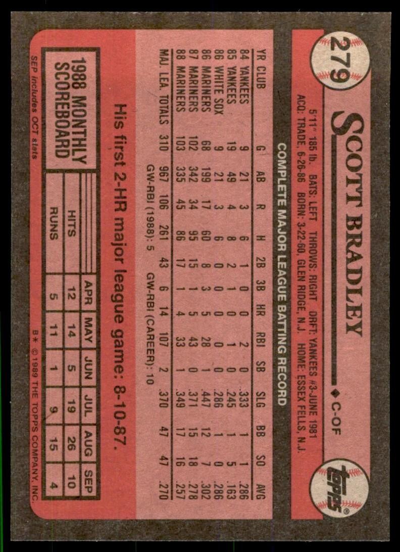 1989 Topps Baseball Card Scott Bradley c Seattle Mariners #279