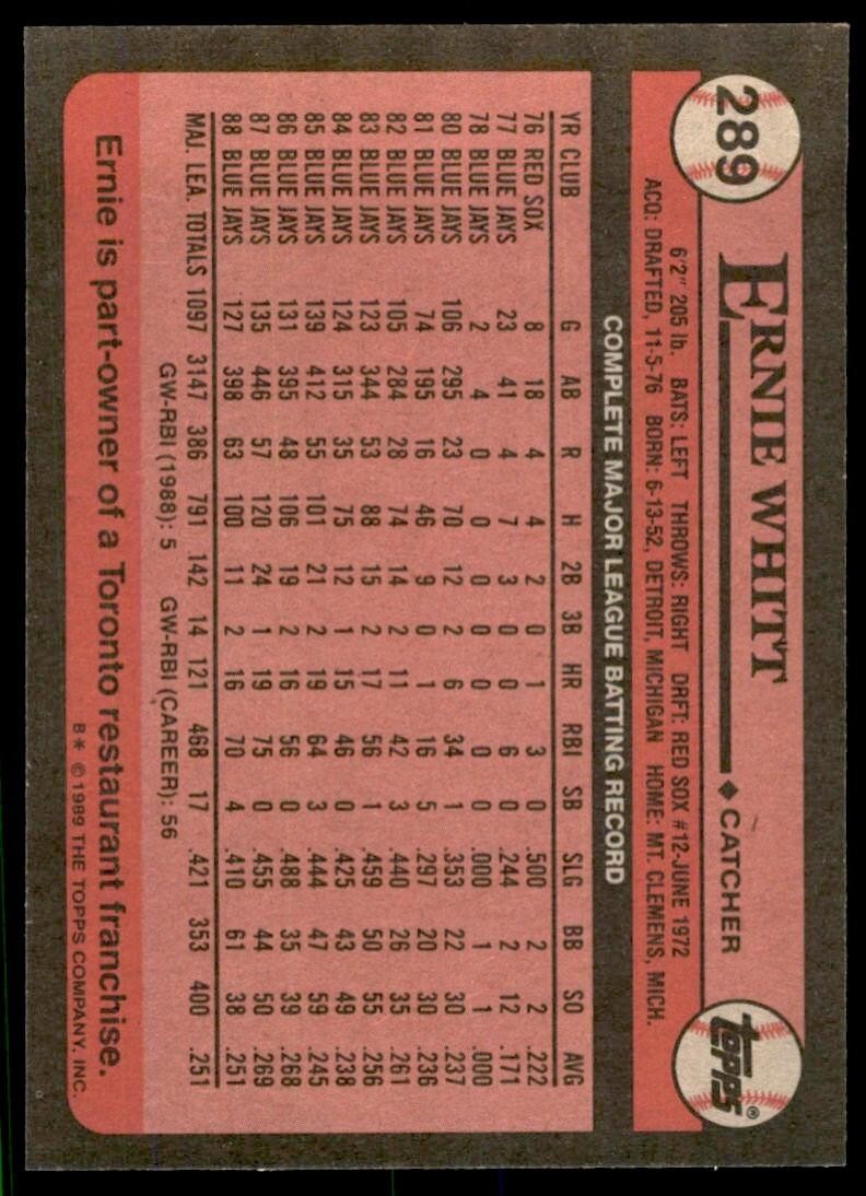 1989 Topps Baseball Card Ernie Whitt c Toronto Blue Jays #289