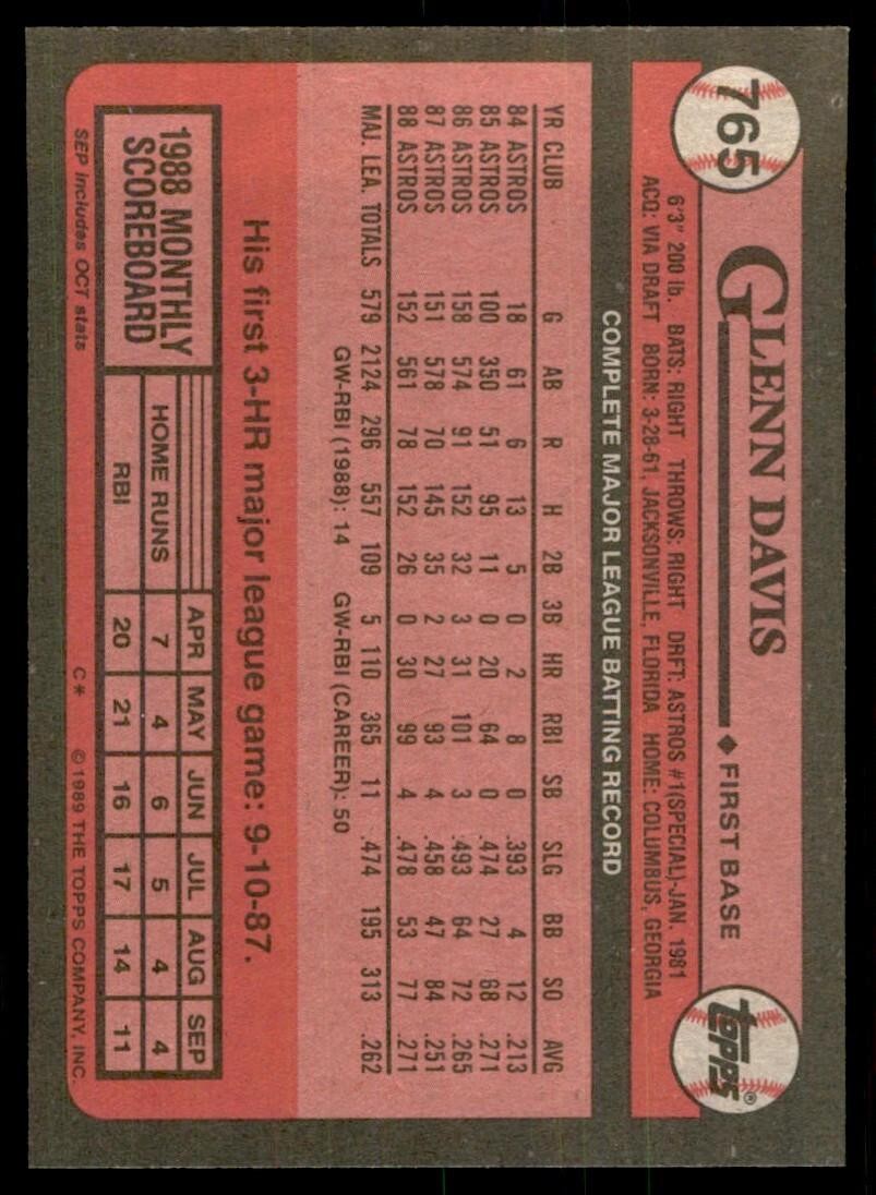1989 Topps Baseball Card Glenn Davis 1b Houston Astros #765
