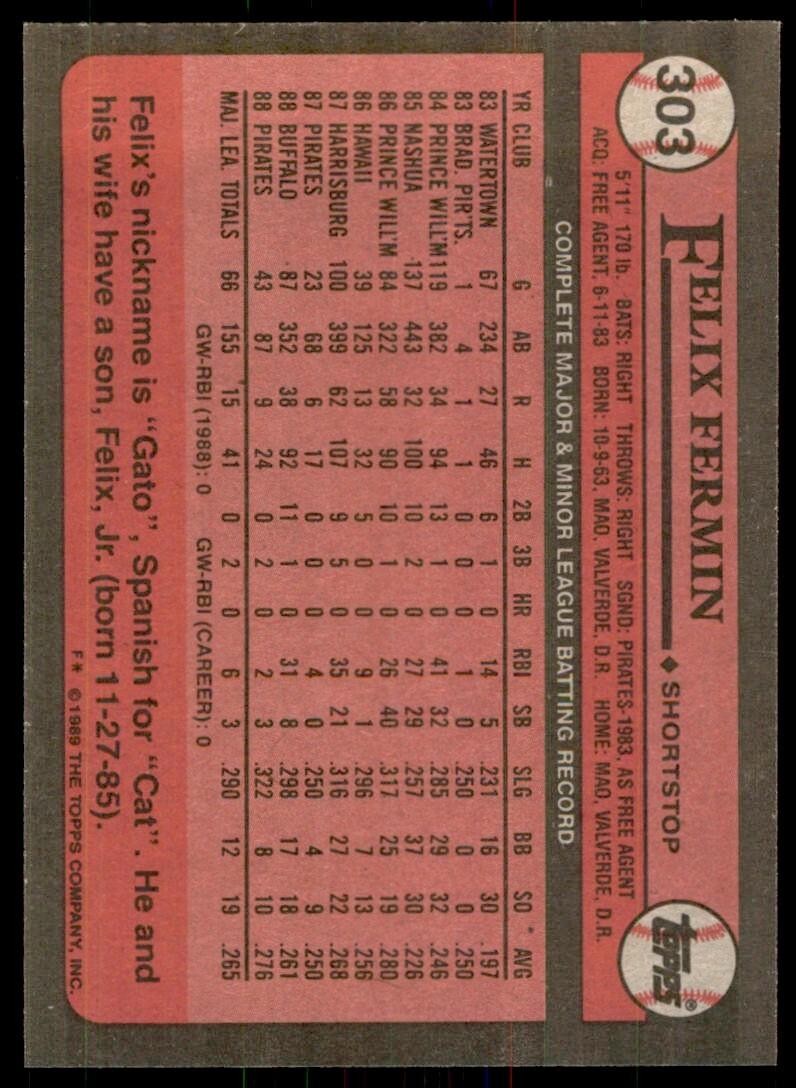 1989 Topps Baseball Card Felix Fermin ss Pittsburgh Pirates #303