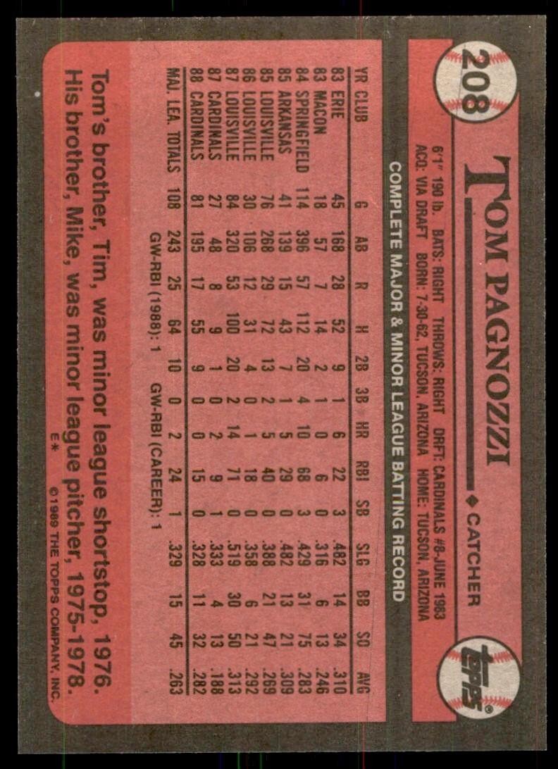 1989 Topps Baseball Card Tom Pagnozzi St. Louis Cardinals #208
