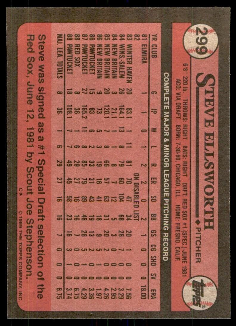 1989 Topps Baseball Card Steve Ellsworth Rookie p Boston Red Sox #299