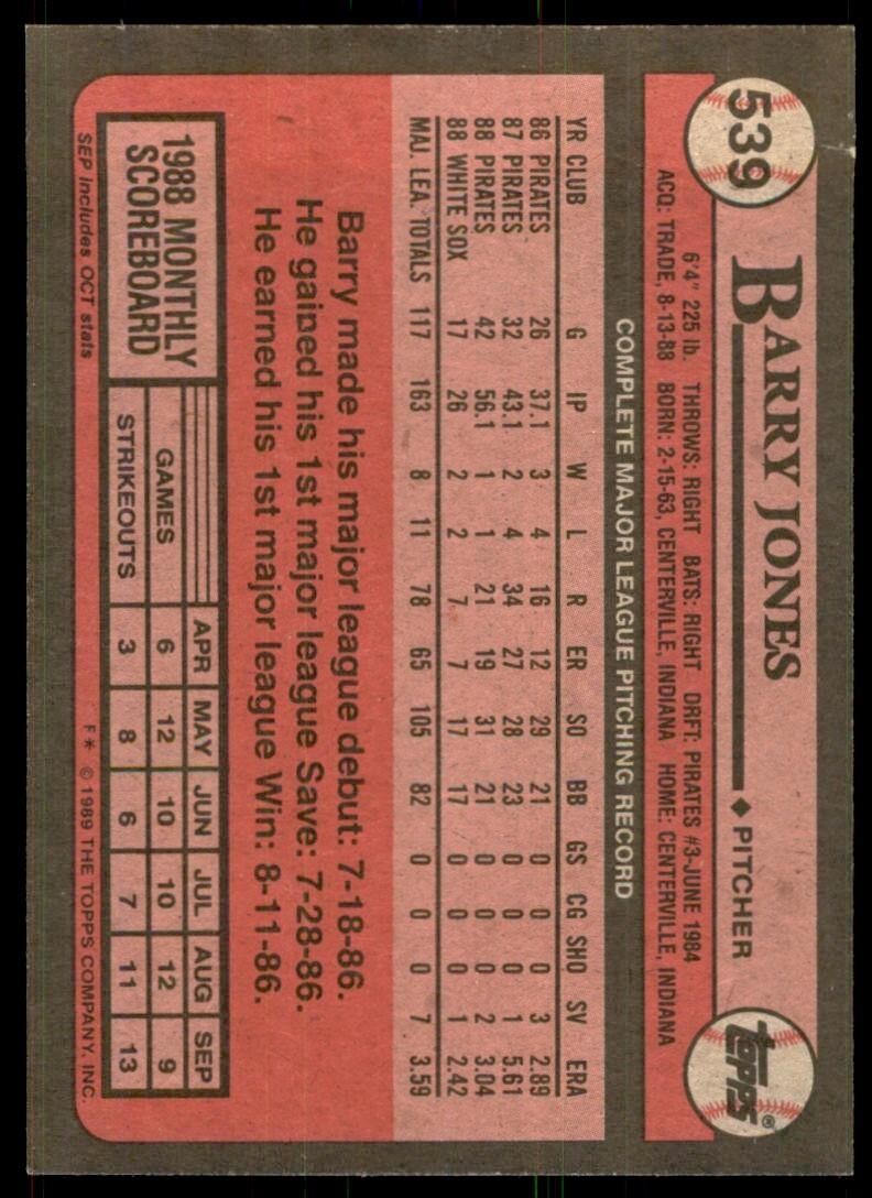 1989 Topps Baseball Card Barry Jones p Chicago White Sox #539