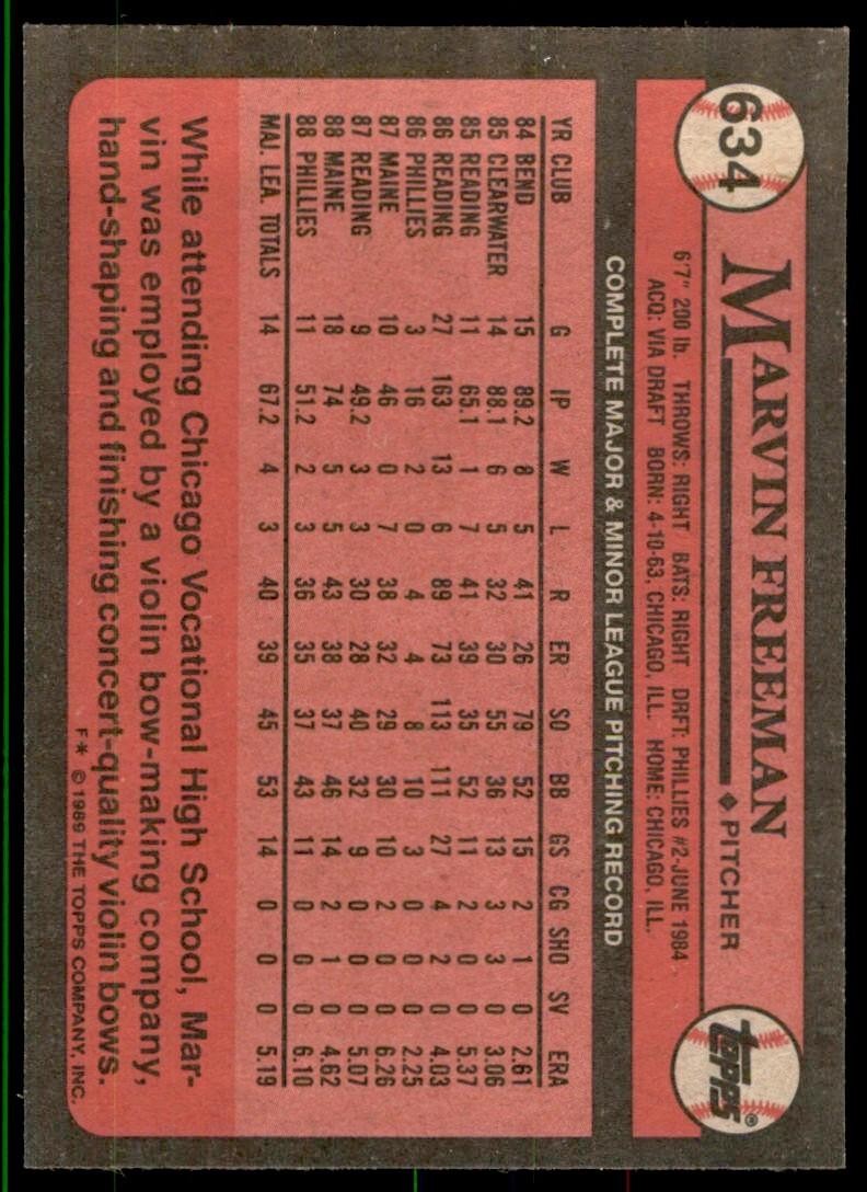 1989 Topps Baseball Card Marvin Freeman Philadelphia Phillies #634