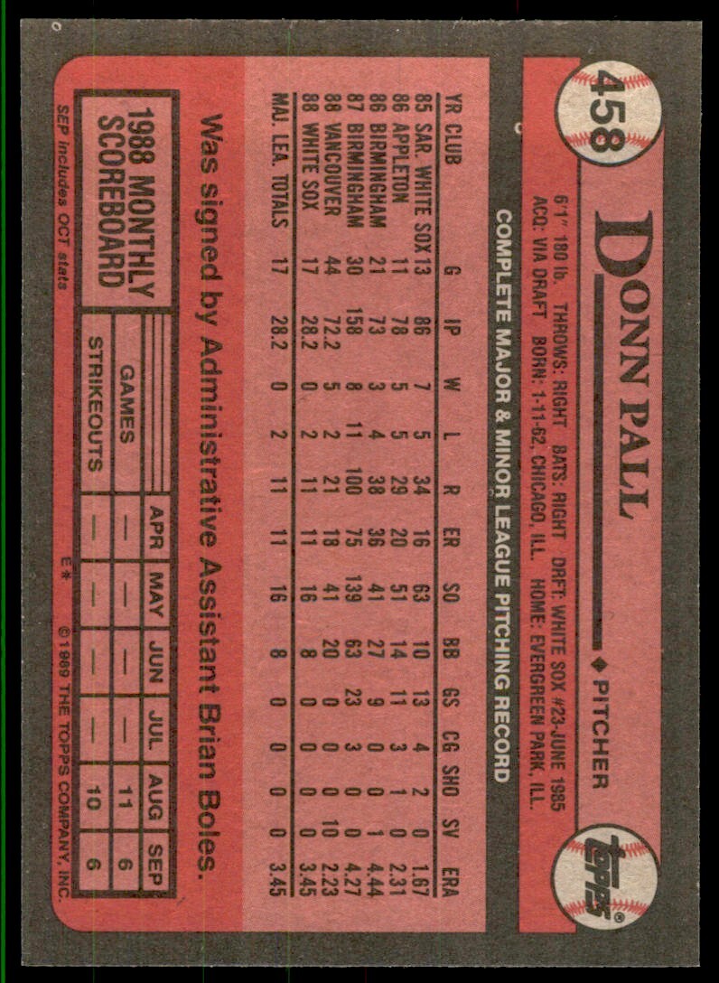 1989 Topps Baseball Card Donn Pall p Chicago White Sox #458