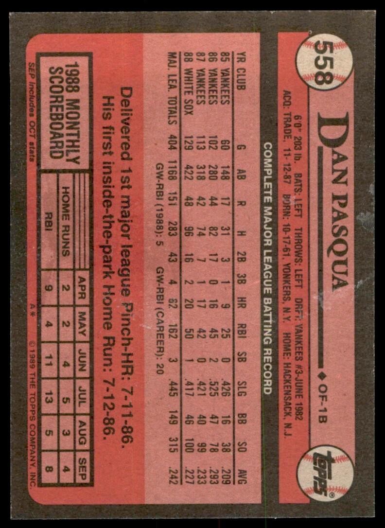 1989 Topps Baseball Card Dan Pasqua OF Chicago White Sox #558
