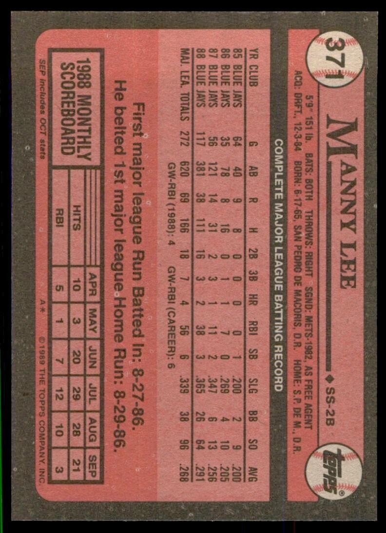 1989 Topps Baseball Card Manny Lee 2b Toronto Blue Jays #371