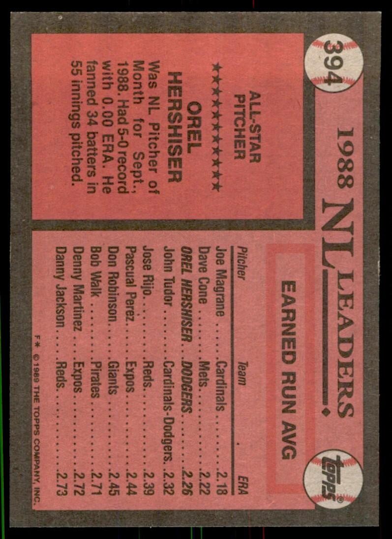 1989 Topps Baseball Card Orel Hershiser Los Angeles Dodgers #394