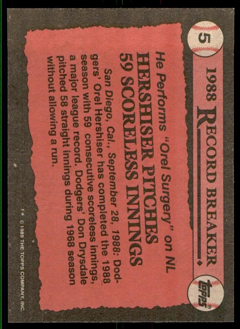 1989 Topps Baseball Card Orel Hershiser Los Angeles Dodgers #5