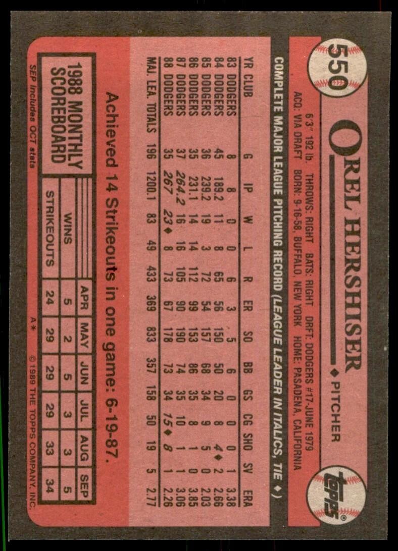 1989 Topps Baseball Card Orel Hershiser p Los Angeles Dodgers #550