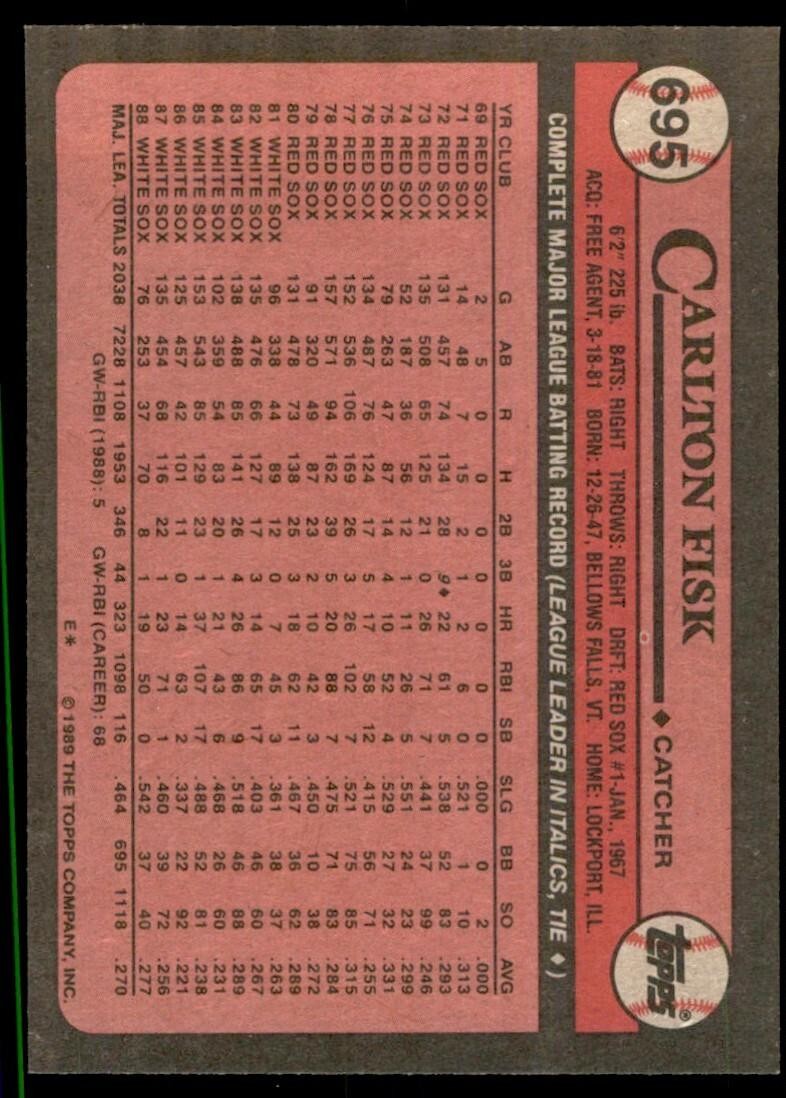 1989 Topps Baseball Card Carlton Fisk Chicago White Sox #695