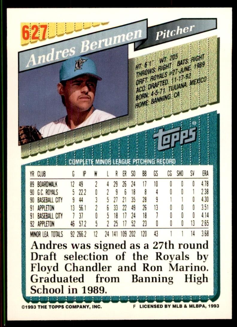 1993 Topps Gold Andres Berumen Rookie Florida Marlins #627