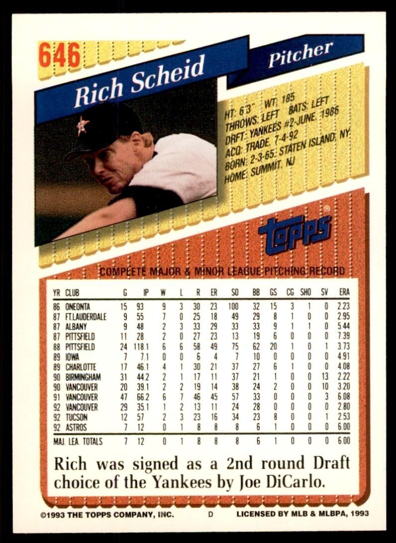 1993 Topps Gold Rich Scheid Rookie Houston Astros #646