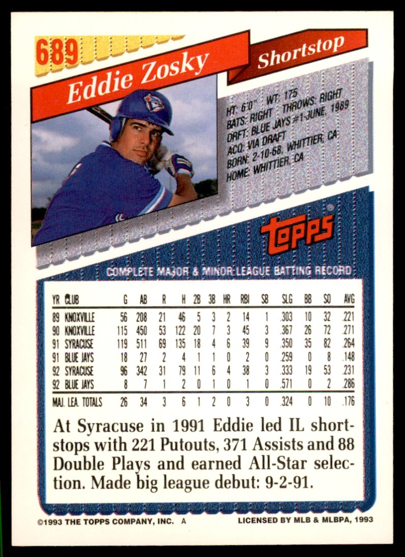 1993 Topps Gold Eddie Zosky Toronto Blue Jays #689