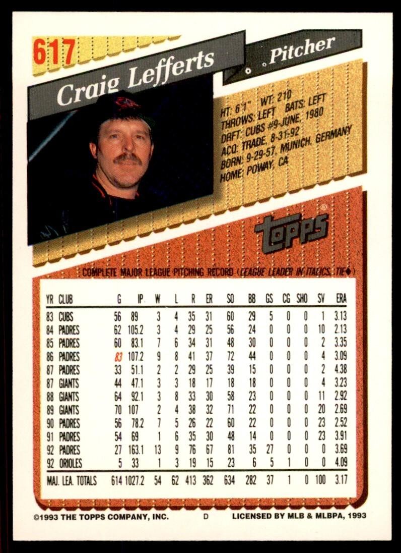 1993 Topps Gold Craig Lefferts Baltimore Orioles #617