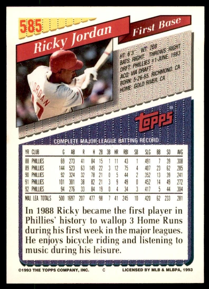1993 Topps Gold Ricky Jordan Philadelphia Phillies #585