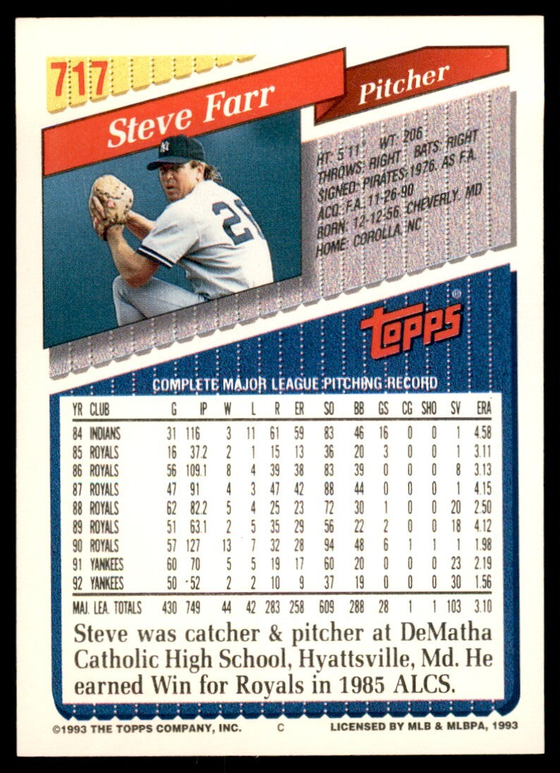 1993 Topps Gold Steve Farr New York Yankees #717