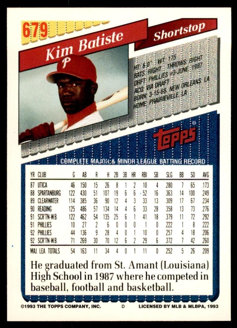 1993 Topps Gold Kim Batiste Philadelphia Phillies #679