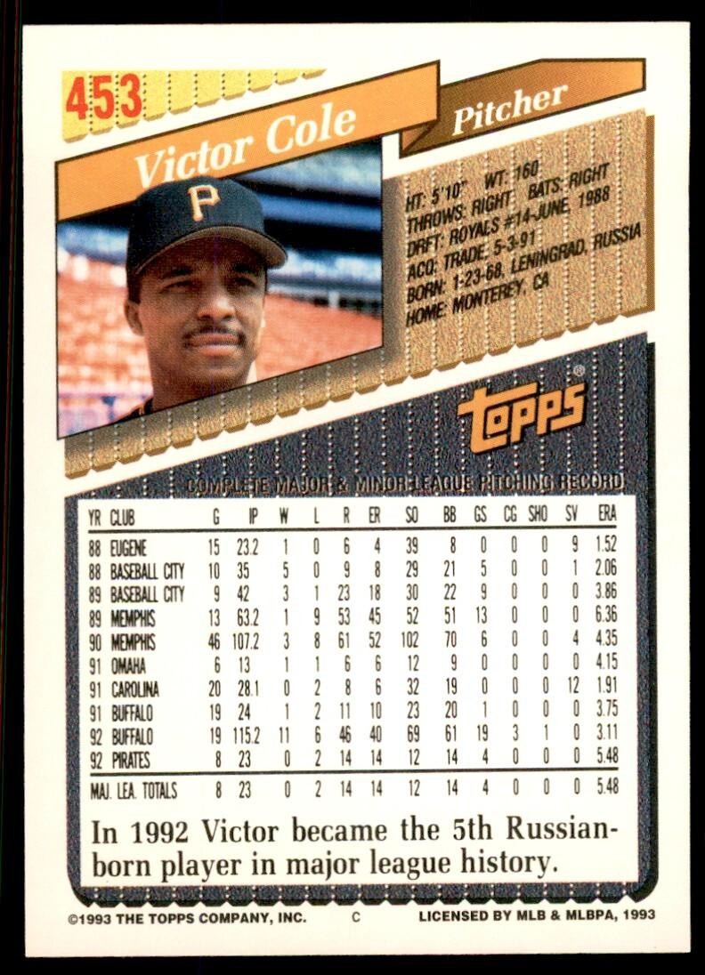 1993 Topps Gold Victor Cole Pittsburgh Pirates #453