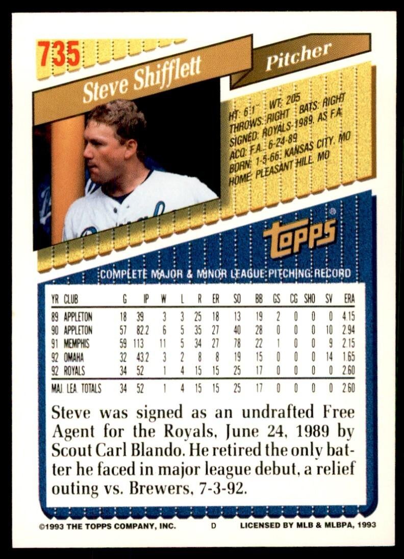 1993 Topps Gold Steve Shifflett . Kansas City Royals #735