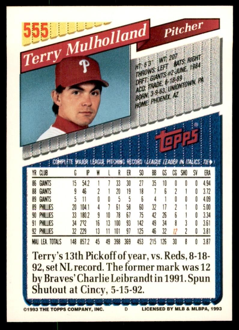 1993 Topps Gold Terry Mulholland Philadelphia Phillies #555