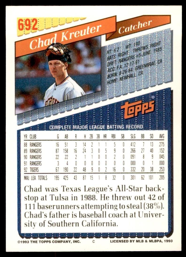 1993 Topps Gold Chad Kreuter . Detroit Tigers #692