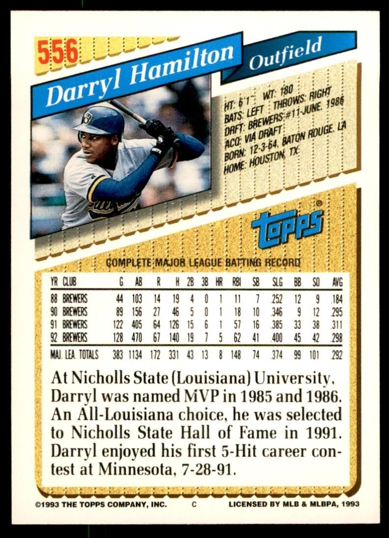 1993 Topps Gold Darryl Hamilton Milwaukee Brewers #556