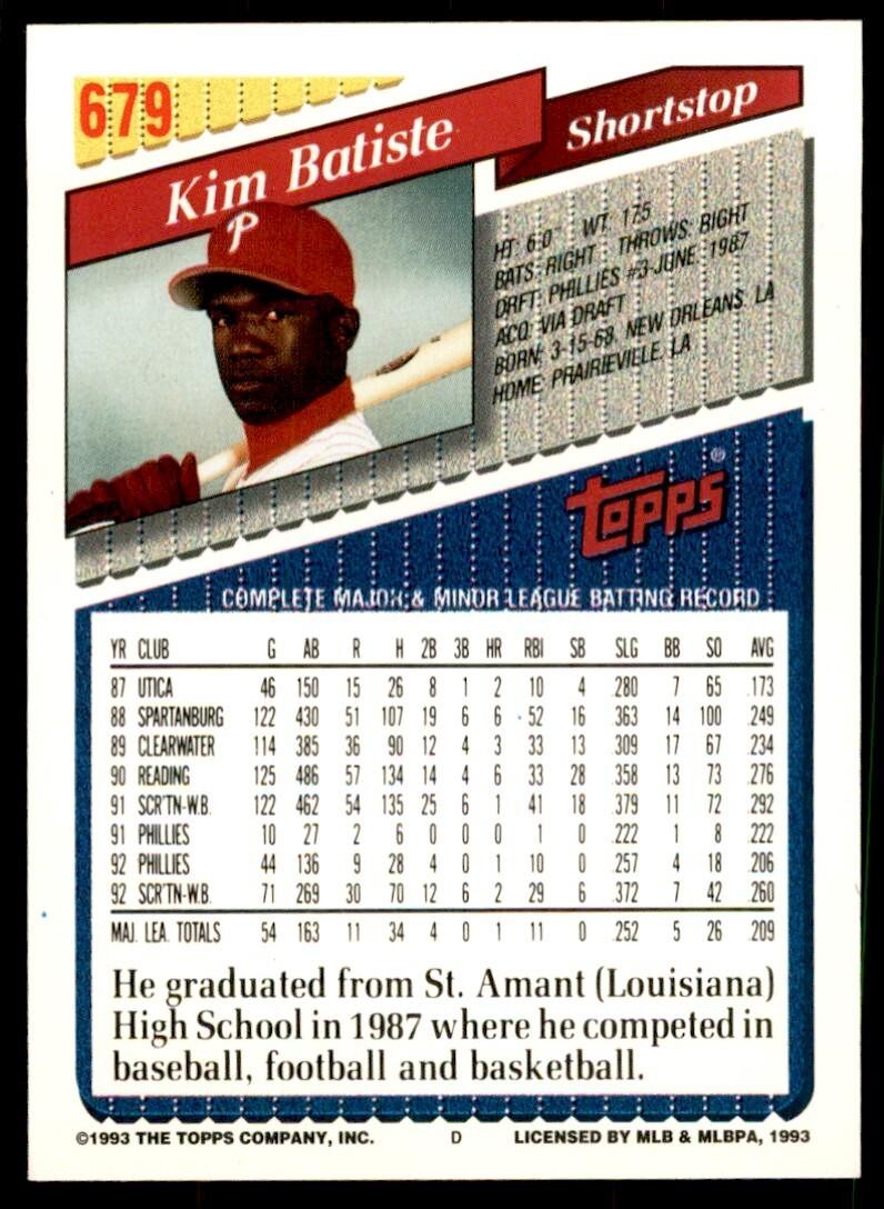 1993 Topps Gold Kim Batiste ss Philadelphia Phillies #679