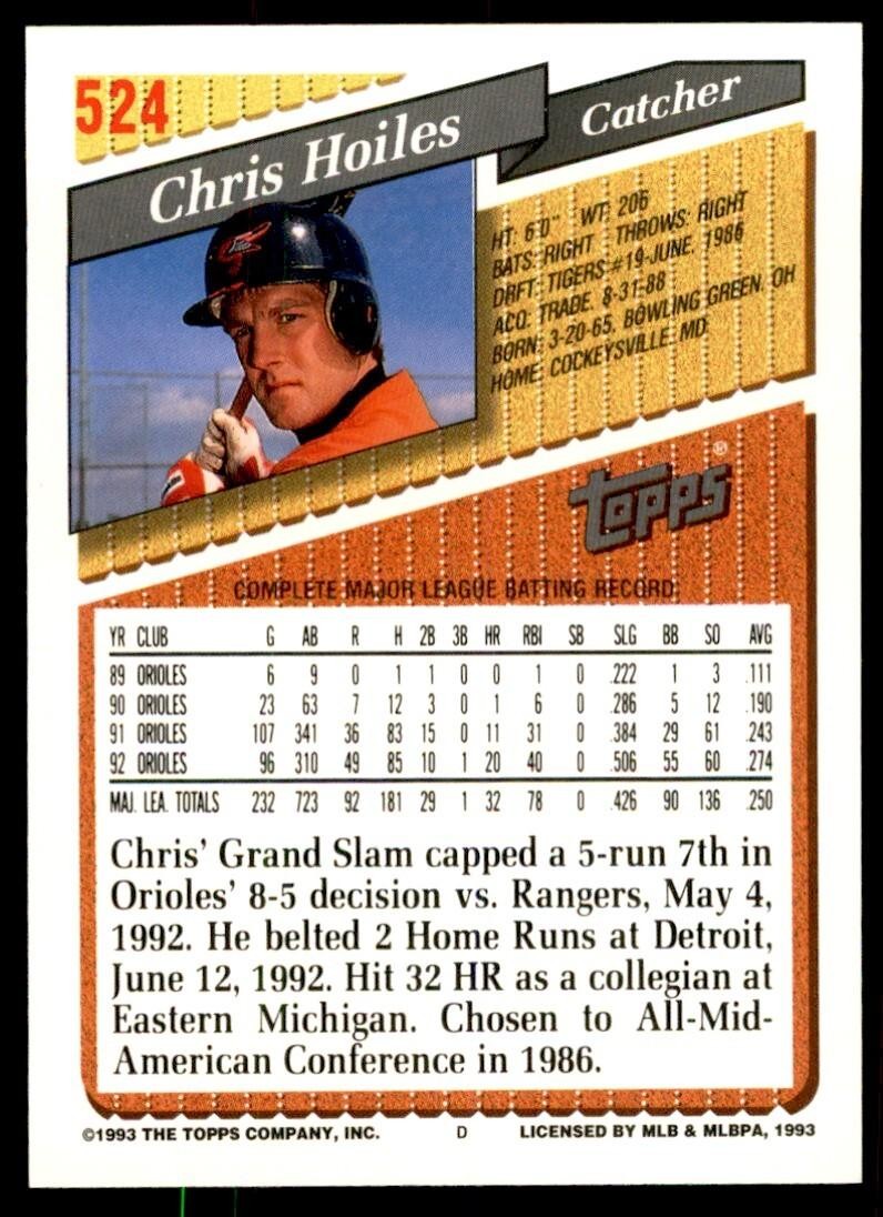 1993 Topps Gold Chris Hoiles Baltimore Orioles #524