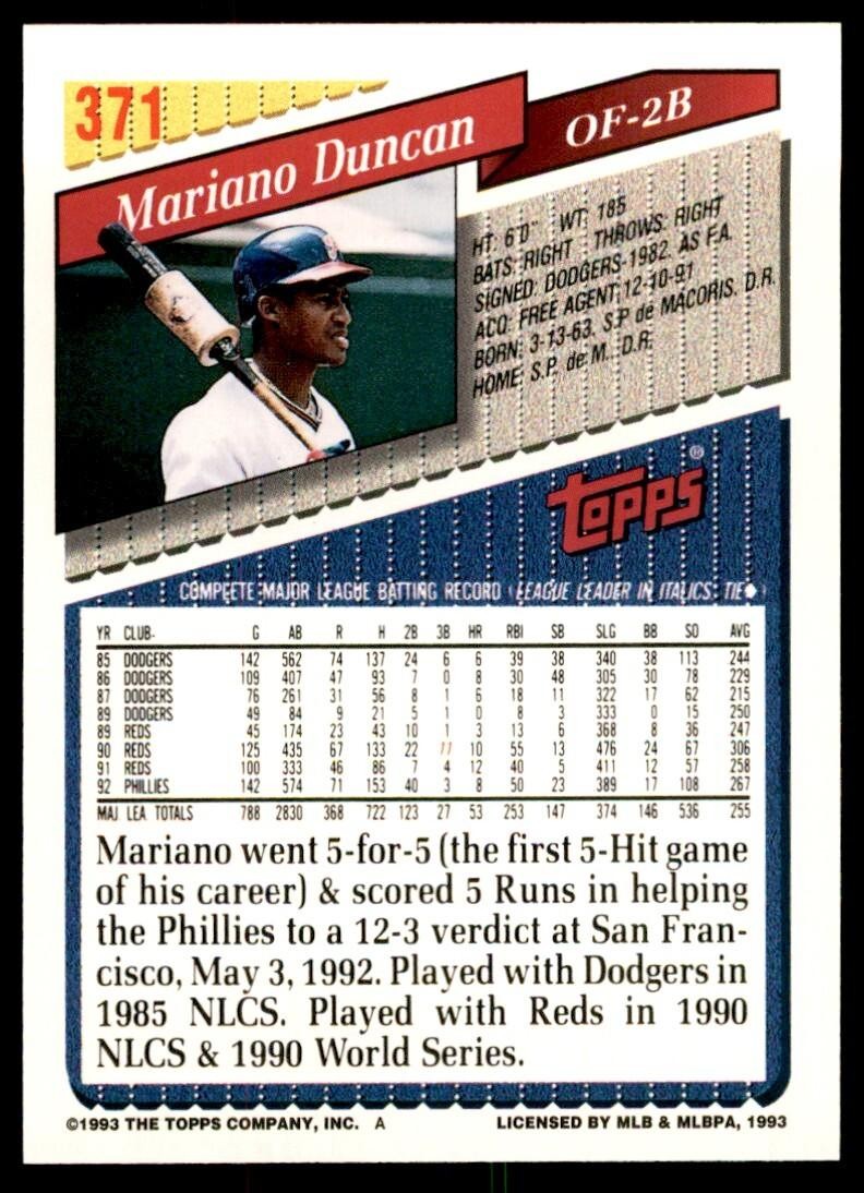 1993 Topps Gold Mariano Duncan Philadelphia Phillies #371