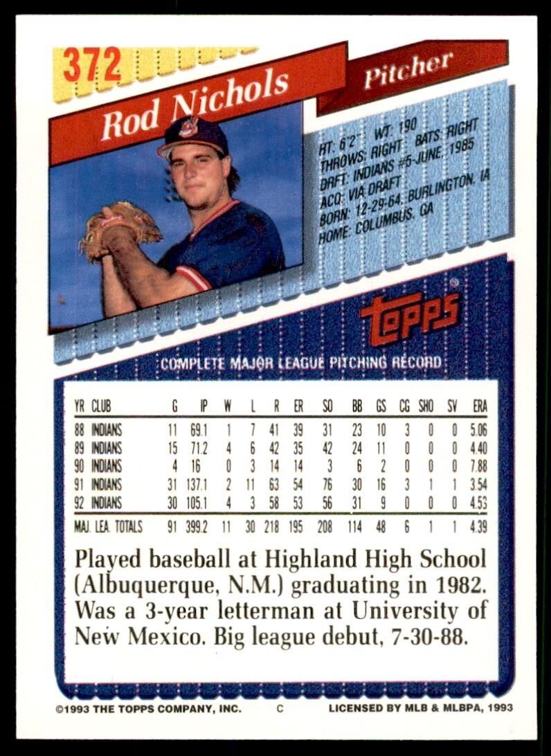 1993 Topps Gold Rod Nichols Cleveland Indians #372