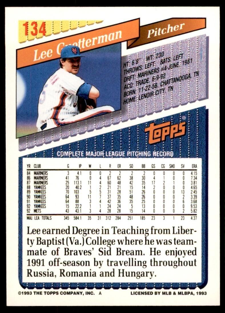 1993 Topps Gold Lee Guetterman p New York Mets #134