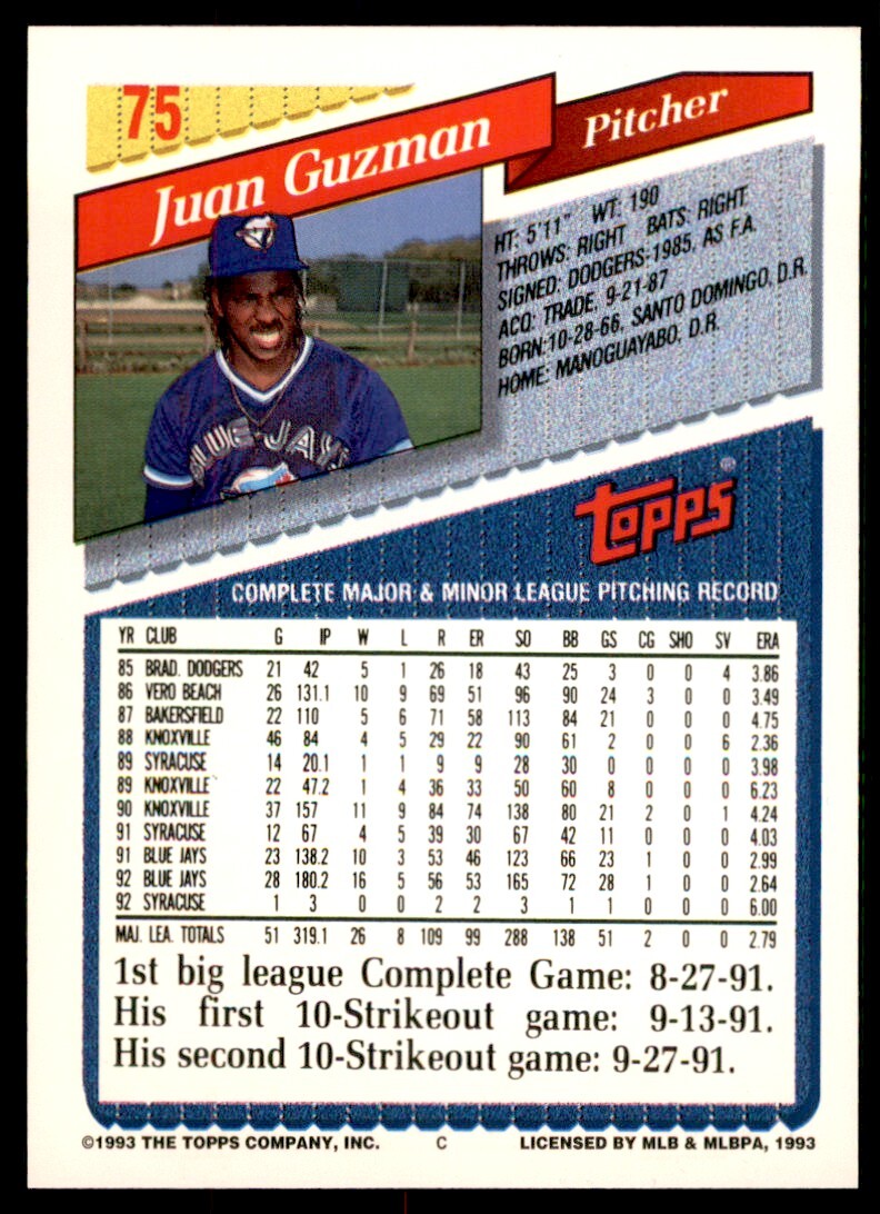 1993 Topps Gold Juan Guzman Toronto Blue Jays #75