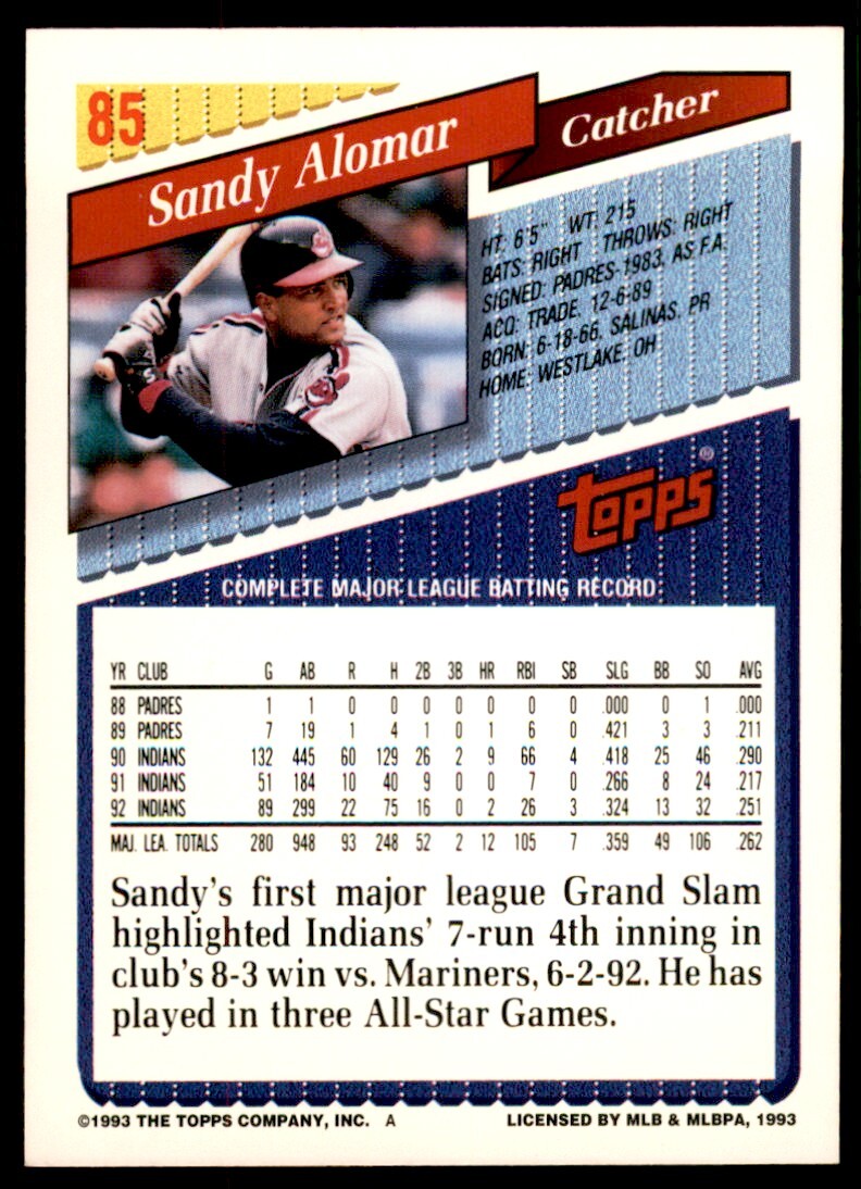1993 Topps Gold Sandy Alomar c Cleveland Indians #85