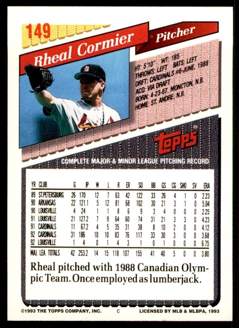 1993 Topps Gold Rheal Cormier St. Louis Cardinals #149