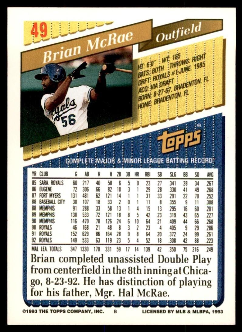 1993 Topps Gold Brian McRae of Kansas City Royals #49
