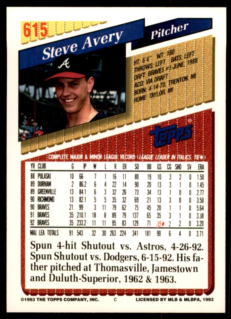 1993 Topps Gold Steve Avery . Atlanta Braves #615