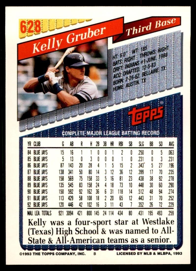 1993 Topps Gold Kelly Gruber ball Toronto Blue Jays #628