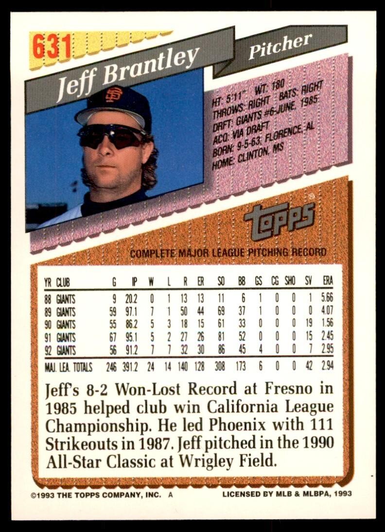 1993 Topps Gold Jeff Brantley ball San Francisco Giants #631