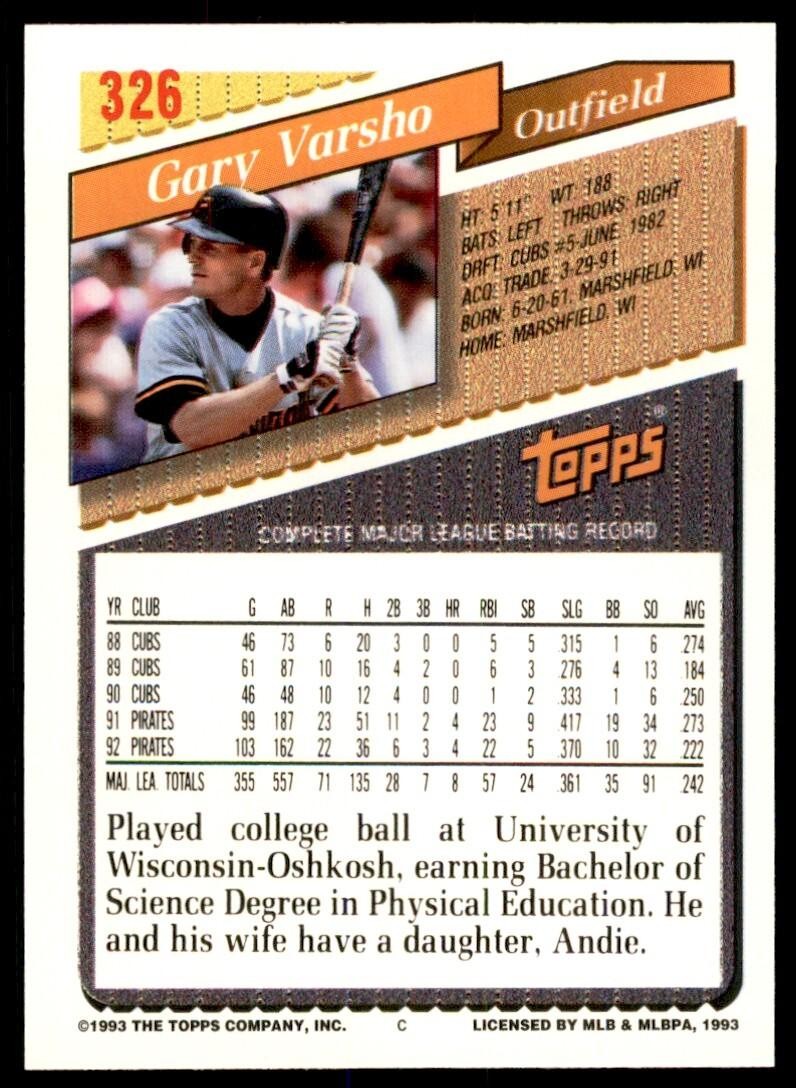 1993 Topps Gold Gary Varsho of Pittsburgh Pirates #326