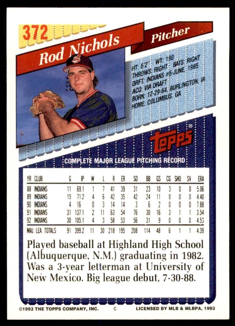 1993 Topps Gold Rod Nichols p Cleveland Indians #372