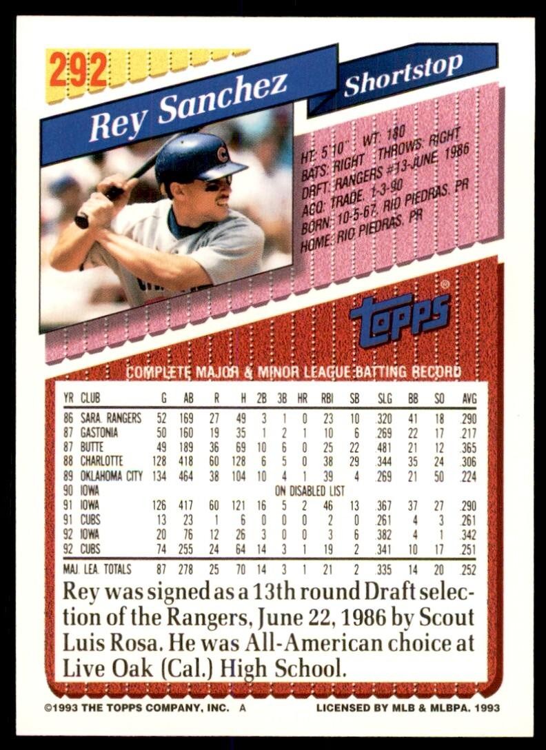 1993 Topps Gold Rey Sanchez ss Chicago Cubs #292