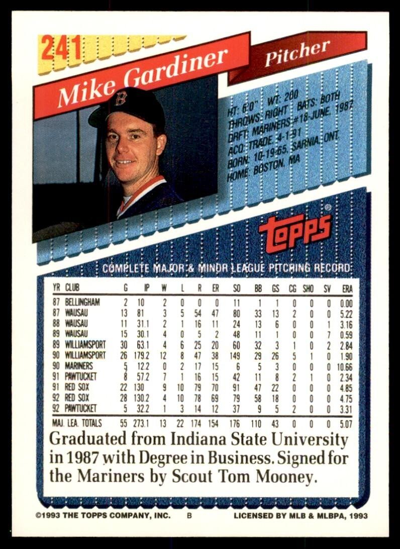 1993 Topps Gold Mike Gardiner . Boston Red Sox #241