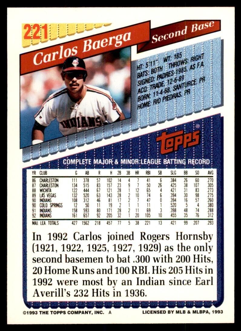 1993 Topps Gold Carlos Baerga Cleveland Indians #221