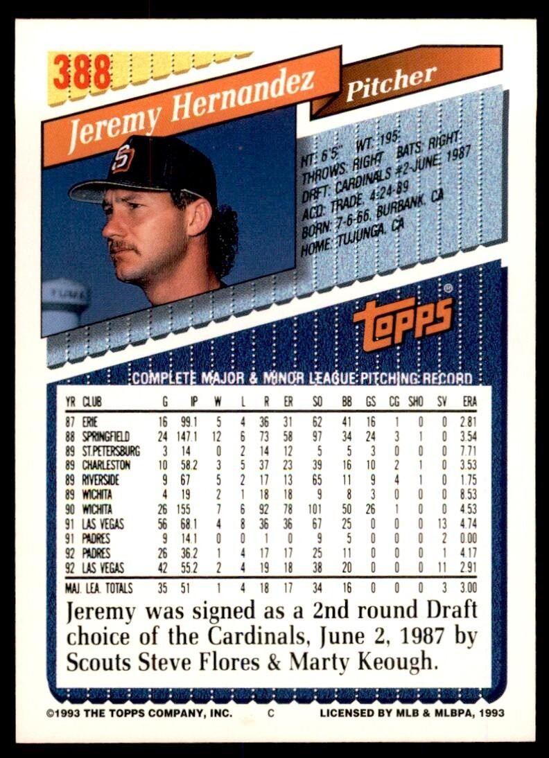 1993 Topps Gold Jeremy Hernandez San Diego Padres #388