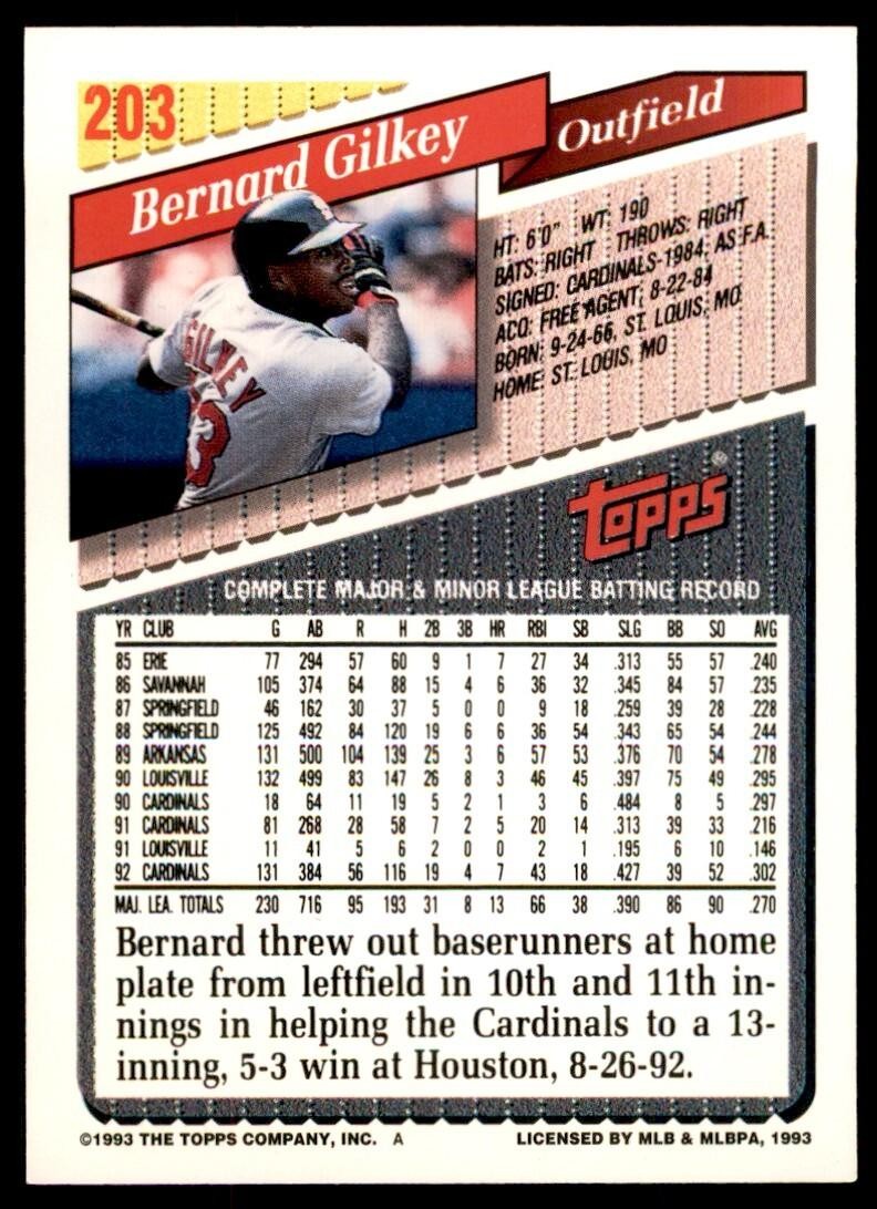 1993 Topps Gold Bernard Gilkey St. Louis Cardinals #203