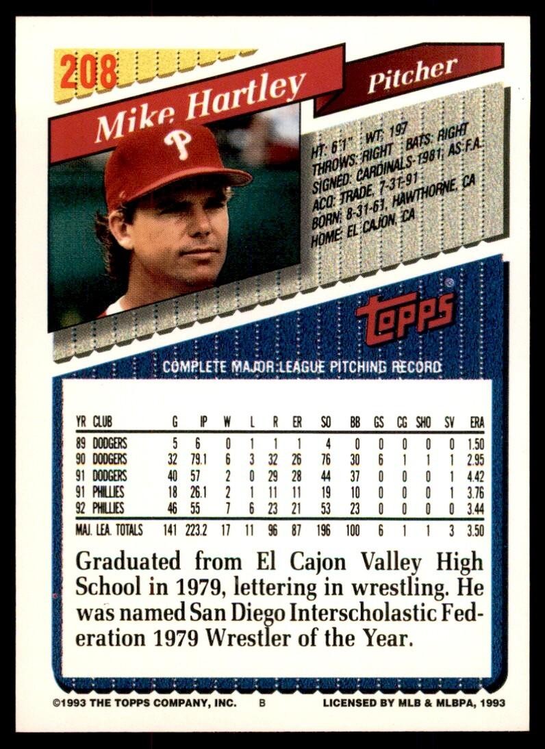 1993 Topps Gold Mike Hartley Philadelphia Phillies #208
